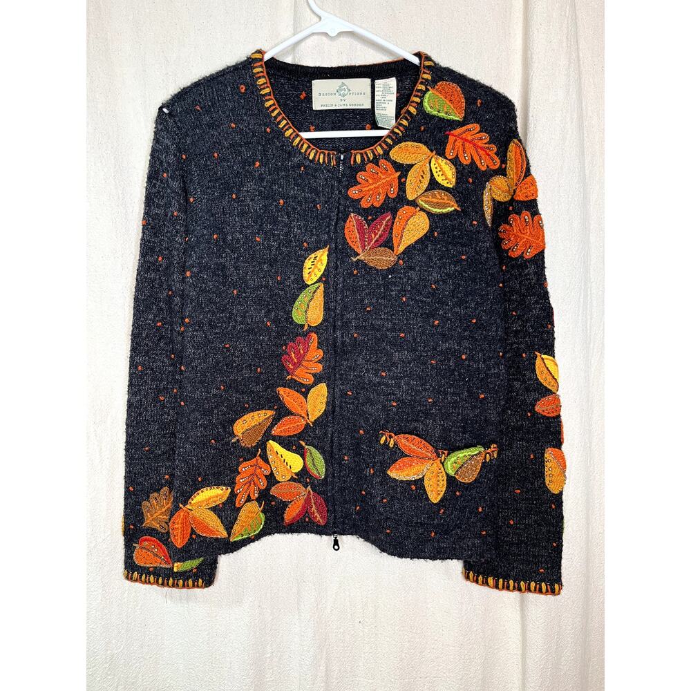 1990s Design Options Fall Leaves Harvest Felt Art To Wear Coquette Cardigan M
